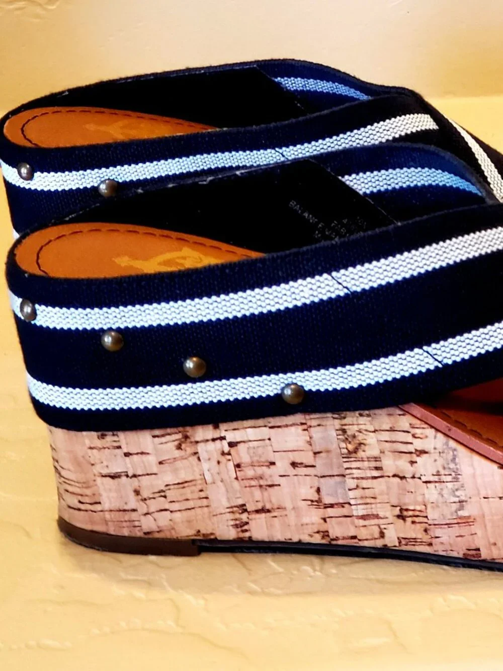 Cork Wedge Navy Blue & White Sandals Slip On Shoes Wedge Nautical Espadrilles